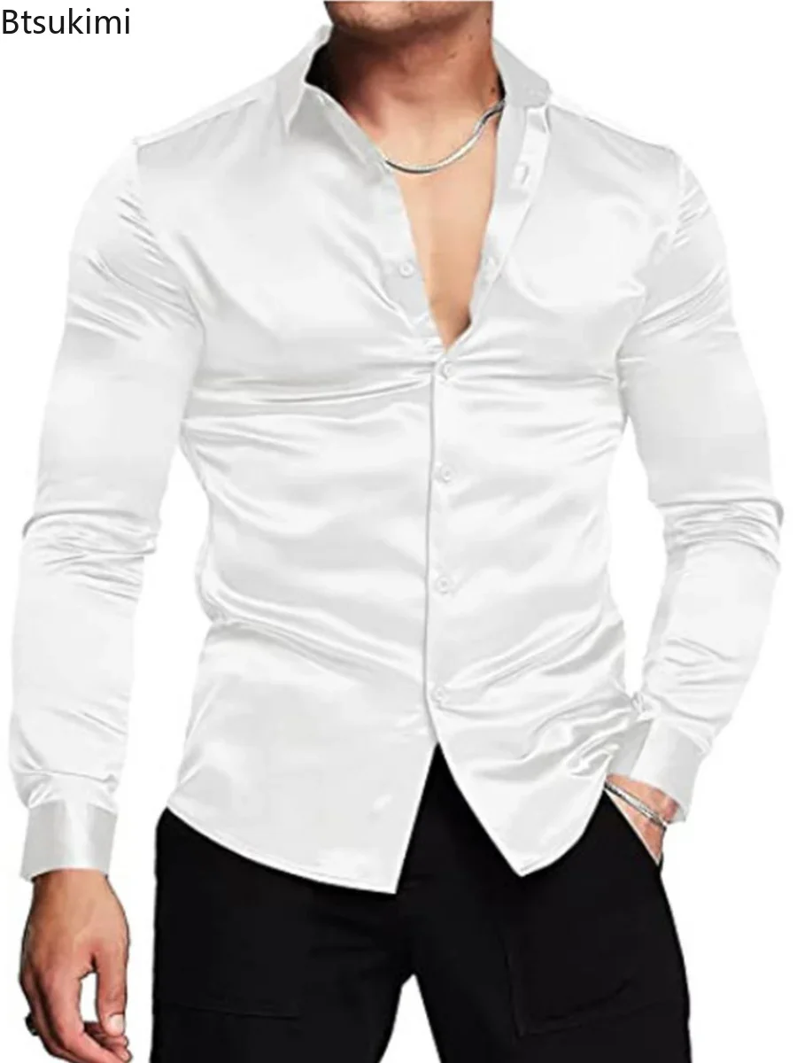Mens Satin Silk Dress Shirt - Kemeja Pria Mewah Berkilau Bahan Sutra